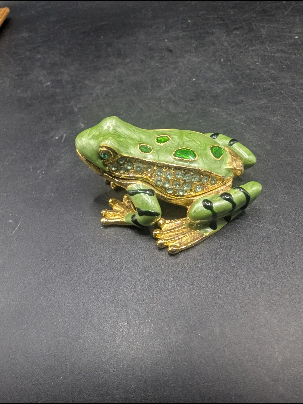 Vintage Green Gold Enameled Frog Trinket Box w/Crystal Accents & Magnetic Hinge